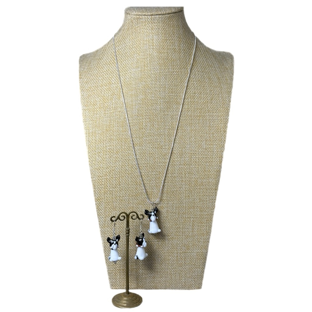 Charming Glass Bulldog Jewelry Set - Earrings and Necklace - Picture 2 of 6